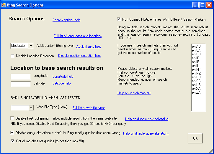 Bing Search Options dialog box after ticking Run Queries Multiple Times With Different Search Markets