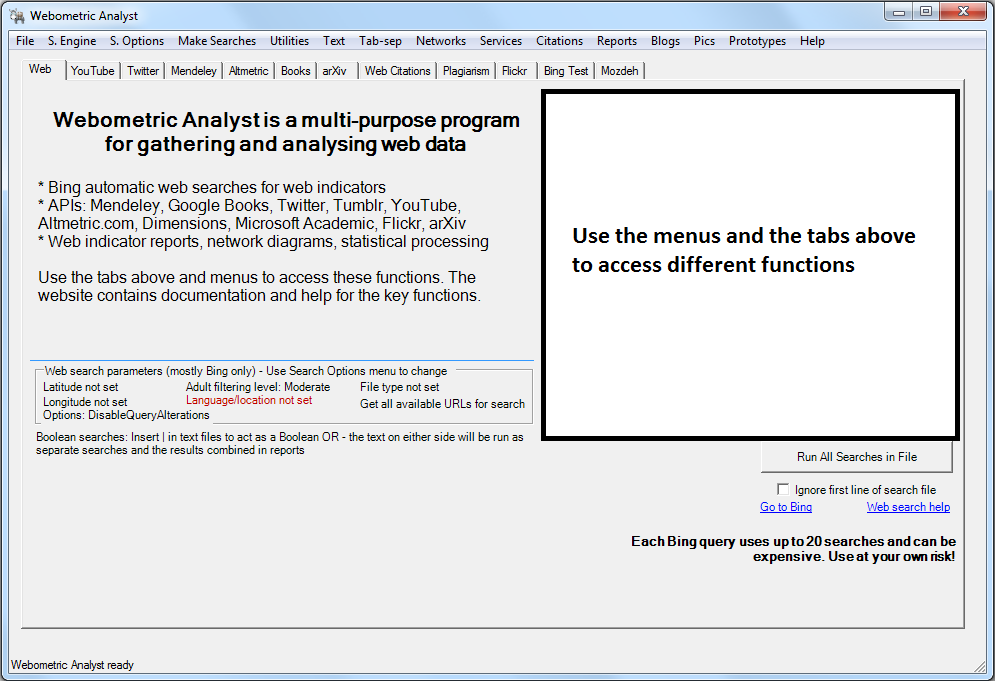 Webometric Analyst main screen